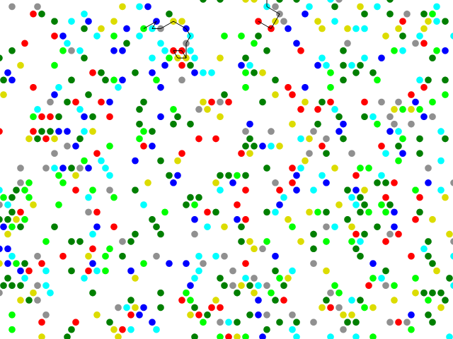 Snapshot of the hex13 cellular automaton, showing a DNA strand which has replicated in the presence of enzymes (dark green).