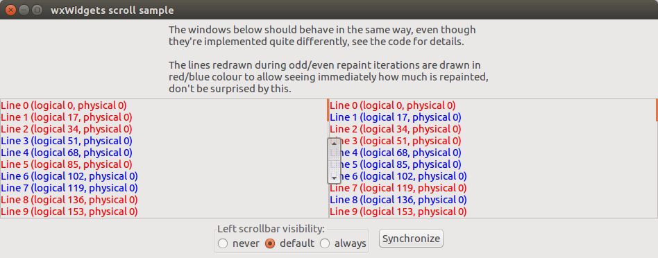 wxWidgets scroll demo - hover over left scrollbar