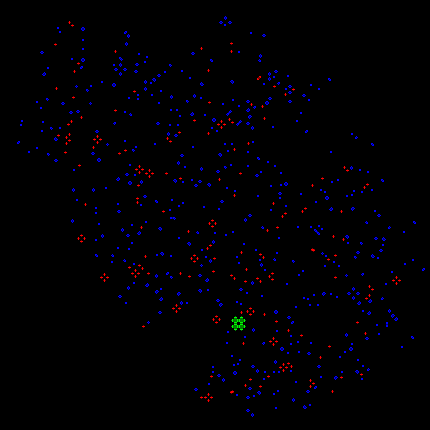 The ash left behind by Ed, with still-lifes, p2 oscillators and other periods colour-coded.