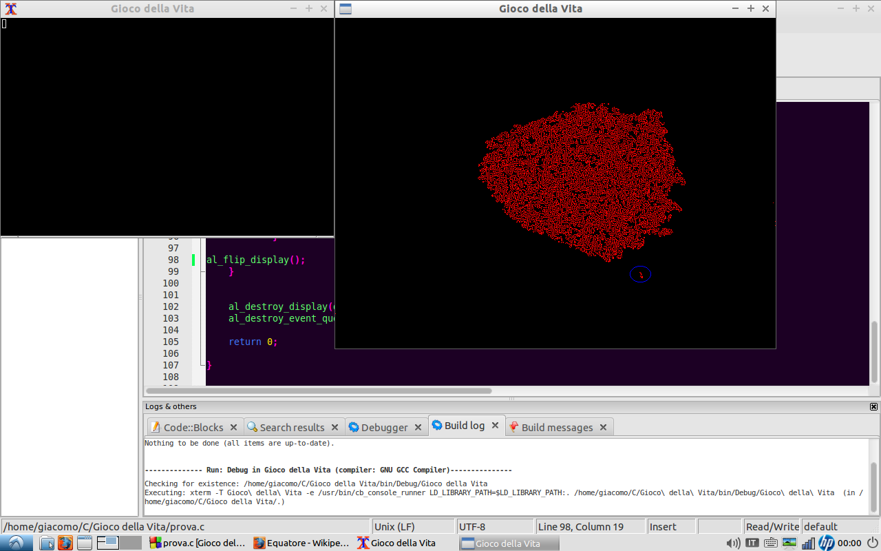 Each pixel represents a live cell, the spaceship is pointed out by the blue ellipse.