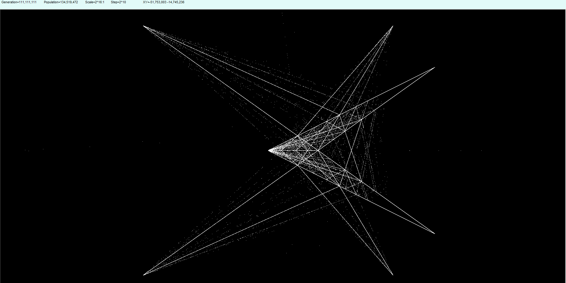 The debris from the single switch engine generated up to T=111,111,111 is all hidden in the first couple of pixels in the point at the left at this point.