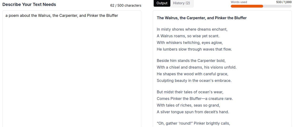 Input: "a poem about the Walrus, the Carpenter, and Pinker the Bluffer"