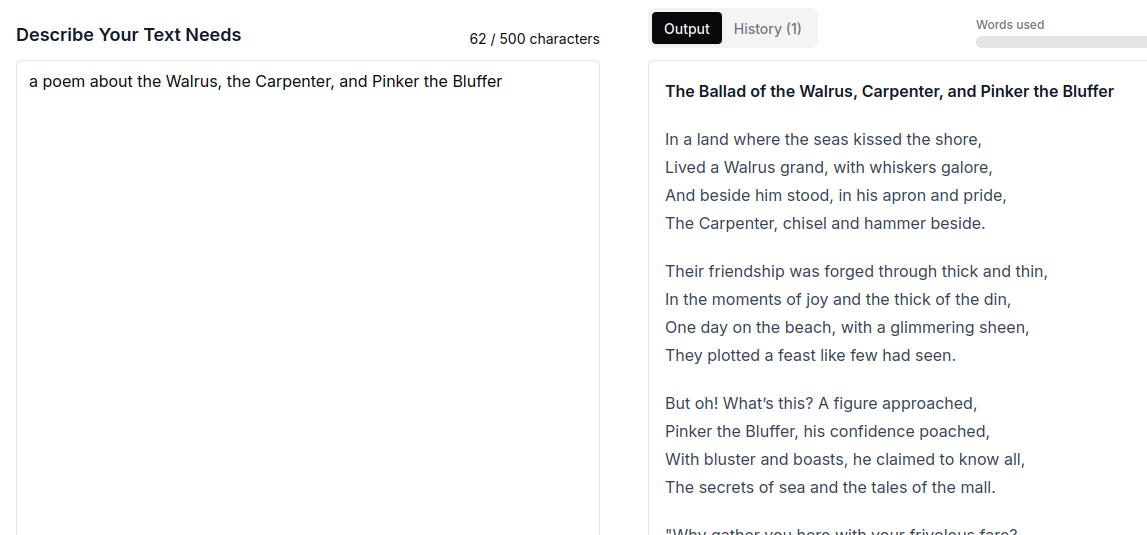 Input: "a poem about the Walrus, the Carpenter, and Pinker the Bluffer"