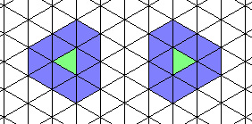 two possible orientations of the 12-cell neighbourhood on the triangular tiling