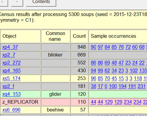 Screenshot of move_rep census, with "glider" reported as a spaceship
